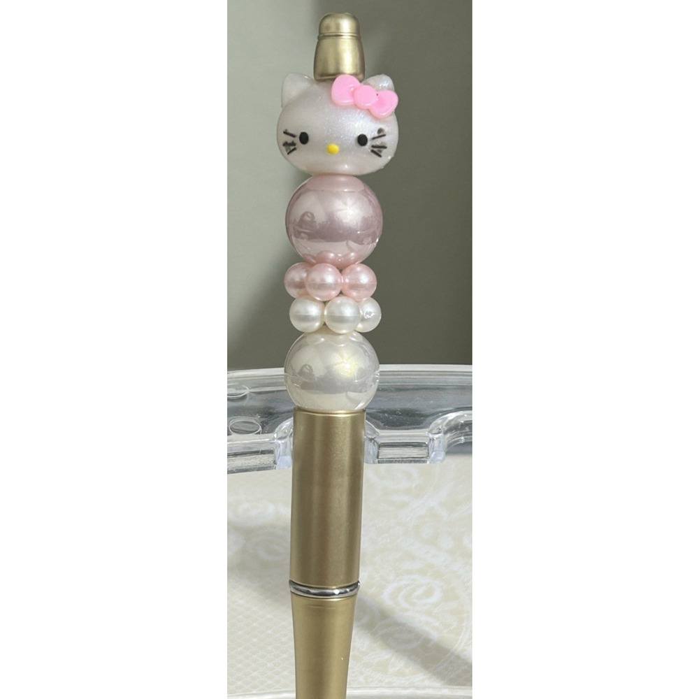 Custom Beaded Pen Hello Kitty Cat Metallic Pink Pearls Bead Handmade